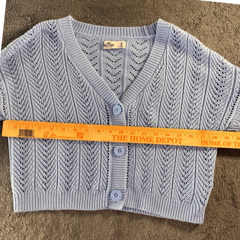 Hollister Womens Cropped Pointelle Knit Cardigan Sweater Blue V-Neck Medium - Picture 7 of 8